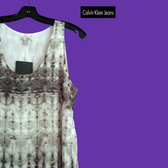 Calvin Klein Jeans NEW Bohemian Abstract Khaki Chiffon Scoop Lined Tank Top M - Picture 3 of 10